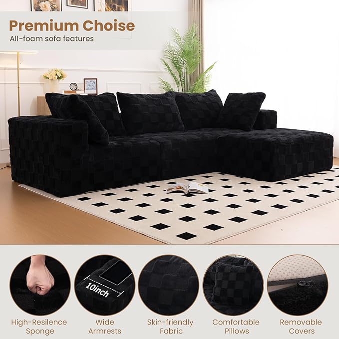 Modular Sectional Sofa, 108" L-Shaped Boneless Couch with Deep Seat, Corduroy Cloud Couch for Living Room, Bedroom, No Assembly Required, Ship in a Box, Checkered Black