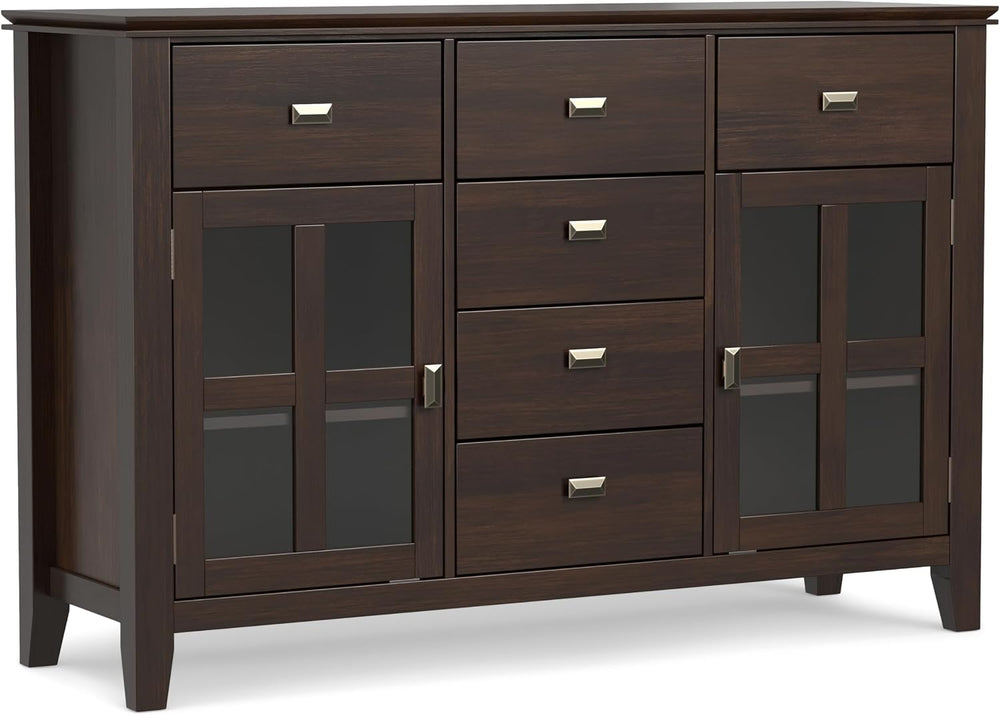 SIMPLIHOME Artisan 54" Wide Solid Wood 3-Door Buffet in Dark Chestnut Brown