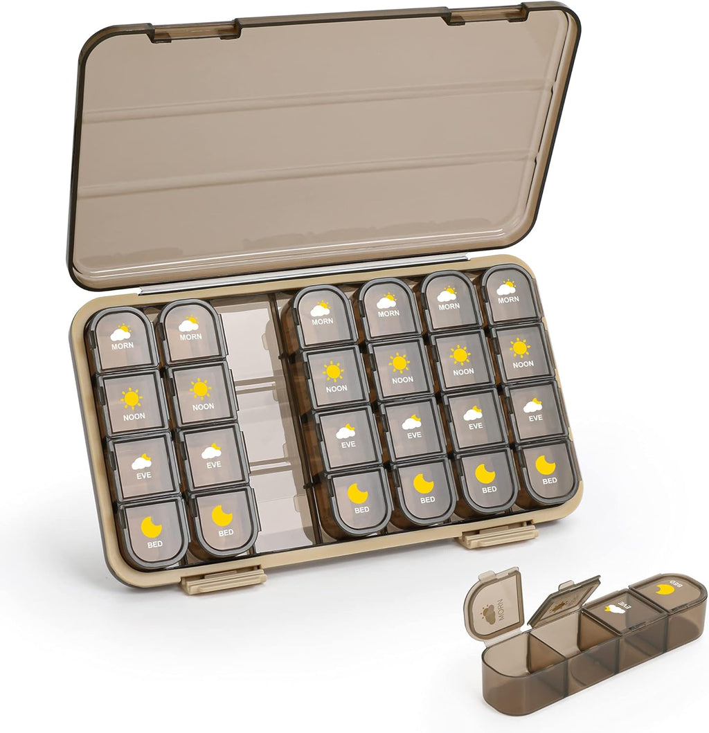 Pill Organizer 4 Times A Day, 7 Day Pill Box 4 Times A Day - Acedada Weekly Medicine Box Organizer with Separate Case, Portable Daily Pill Container Dispenser for Vitamin Fish Oils Supplements, Brown