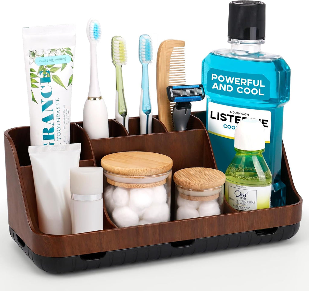 Wood Toothbrush Holders for Bathrooms Countertop Organizer - Detachable 7 Slots Kid Bathroom Decor and Accessories, Wooden Bathroom Sink Storage Organization, Caddy, Tray, Brown