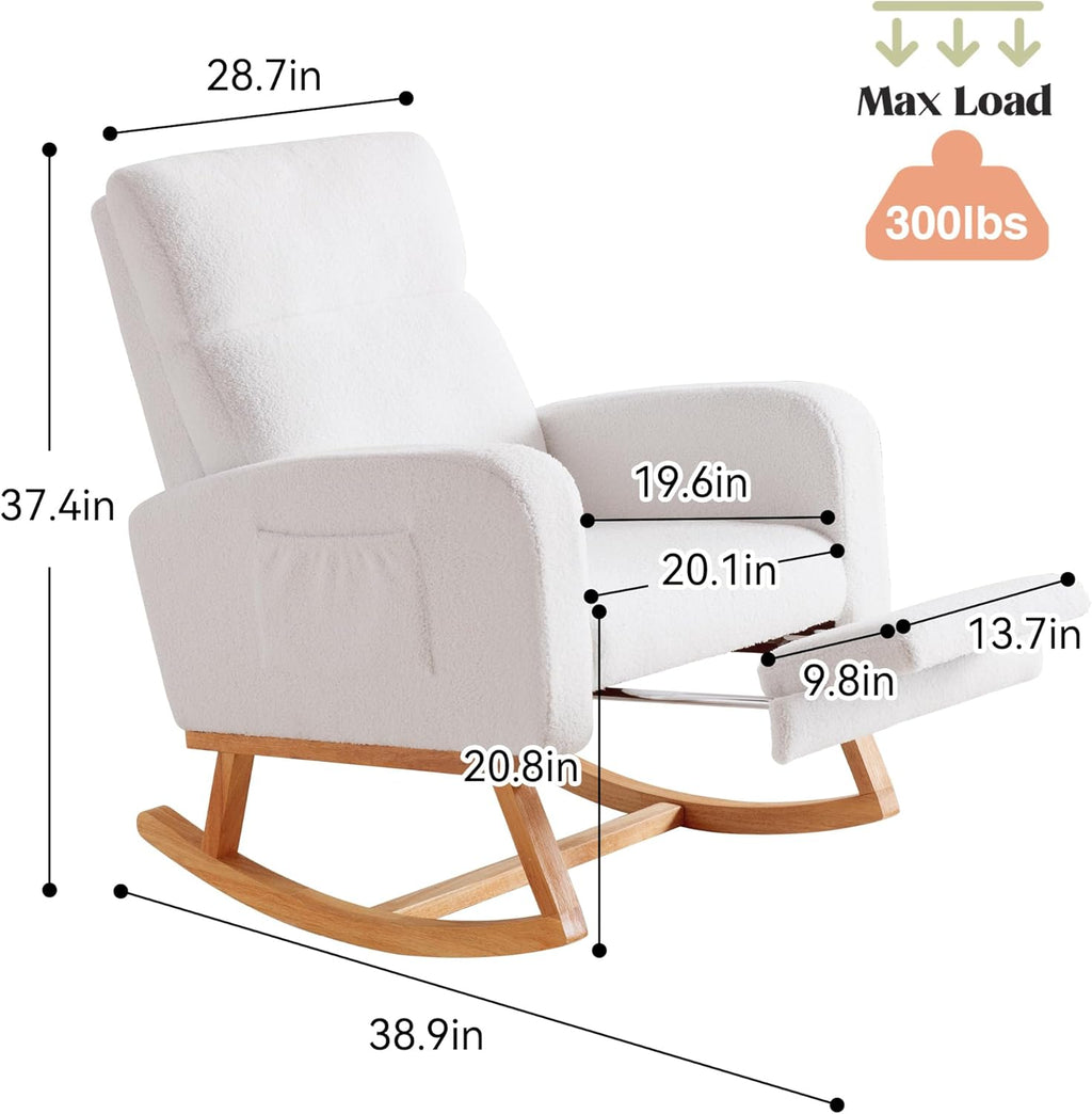 HCHAIRH Rocking Chair Nursery with Foot Rest, Nursing Rocking Chairs for Mom Nursery, Teddy Rocker Glider with High Backrest for Living Room, Bedroom, White