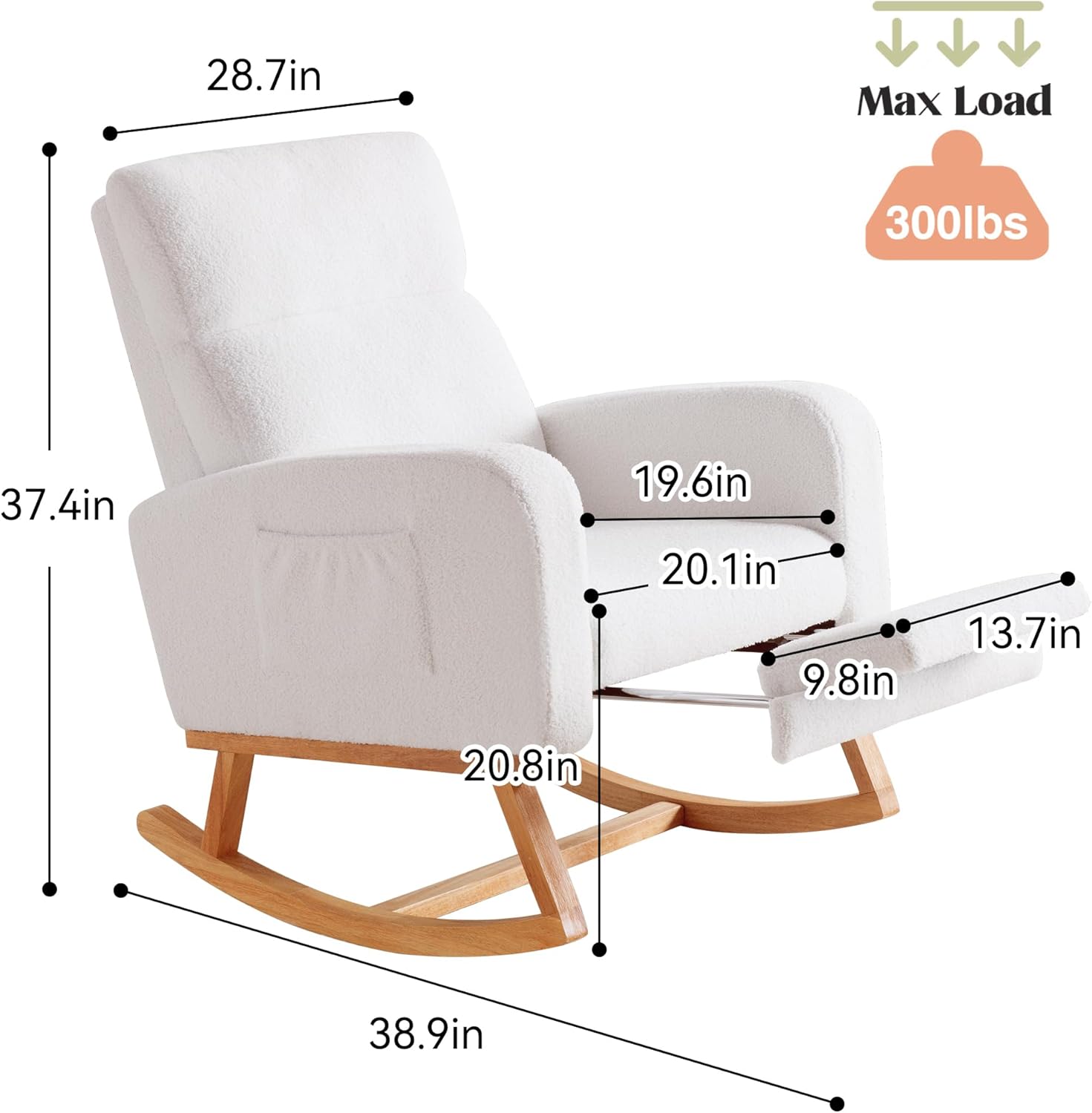 HCHAIRH Rocking Chair Nursery with Foot Rest, Nursing Rocking Chairs for Mom Nursery, Teddy Rocker Glider with High Backrest for Living Room, Bedroom, White