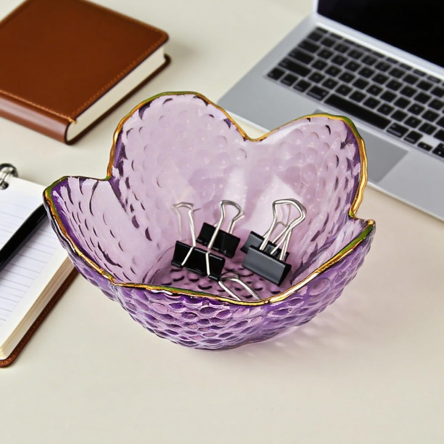 Purple Glass Jewelry Dish Tray, Birthday Gifts for Mom, Crystal Ring Holder for Women, Small Flower Ring Dish Jewlery Plate, Engagement Trinket Jewelry Tray, Nightstand Decor Jewerly Bowl