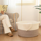 OIAHOMY 90L XXXLarge Blanket Basket for Living Room, 21.7" x 13.8" Woven Cotton Rope Laundry Basket for Organizing Pillows, Decorative Stuffed Animal Toy Storage for Nursery, White and Linen Brown