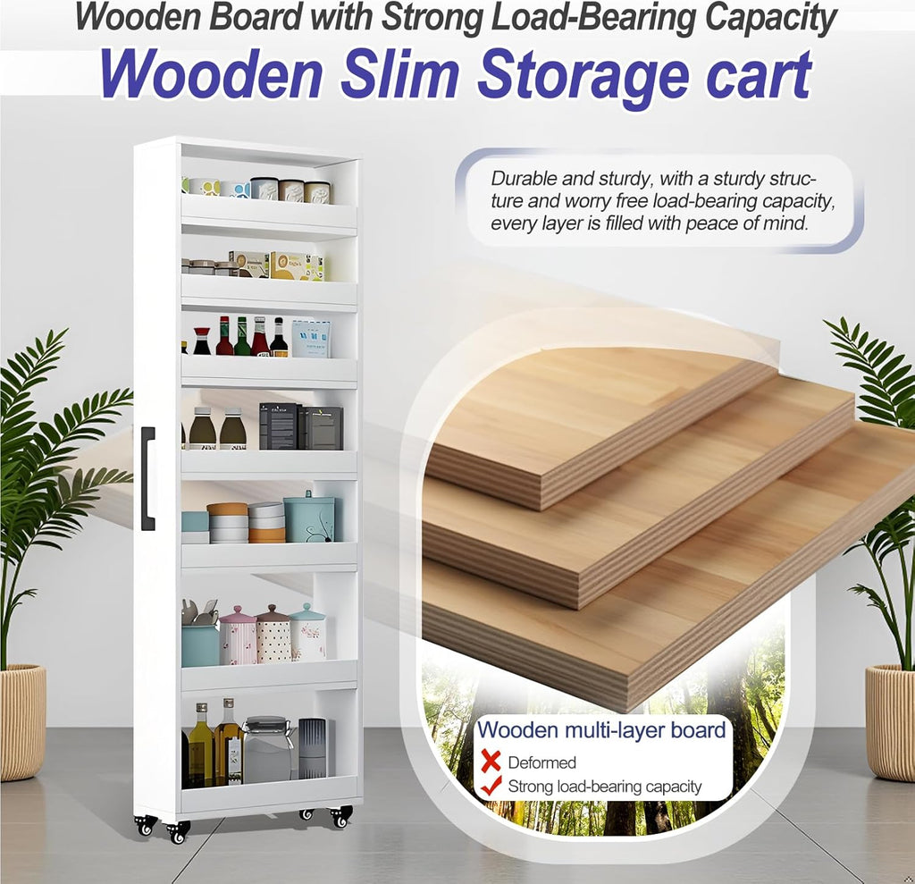 7-Tier Slim Storage Cart, Wooden Rolling Pantry Cabinet with Wheels, Narrow Shelf Organizer for Kitchen, Bakers Rack, Dining Room, Closet, Small Spaces Warm White 47.2" H*7.8" W*16.9" D