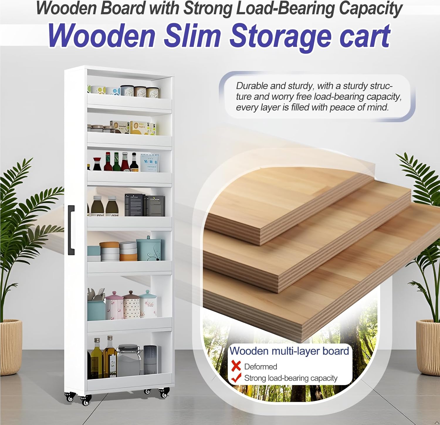 7-Tier Slim Storage Cart, Wooden Rolling Pantry Cabinet with Wheels, Narrow Shelf Organizer for Kitchen, Bakers Rack, Dining Room, Closet, Small Spaces Warm White 47.2" H*7.8" W*16.9" D