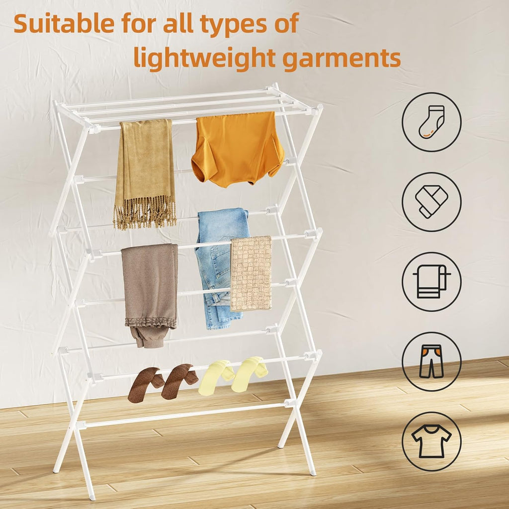 Drying Rack Clothing, 3-Tier Clothes Drying Rack Foldable, Antirust Laundry Drying Rack Collapsible Use for Indoor & Outdoor, 11.8" D x 34.6" W x 35.4" H, White