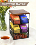 Tea Bag Organizer with 5 Drawers, Wooden & Metal Tea Storage Organizer for TeaBags, Coffee Pods, Creamers & Sugar – Countertop Tea Bag Holder for Coffee Bar and Kitchen, Space-Saving Tea Storage Rack