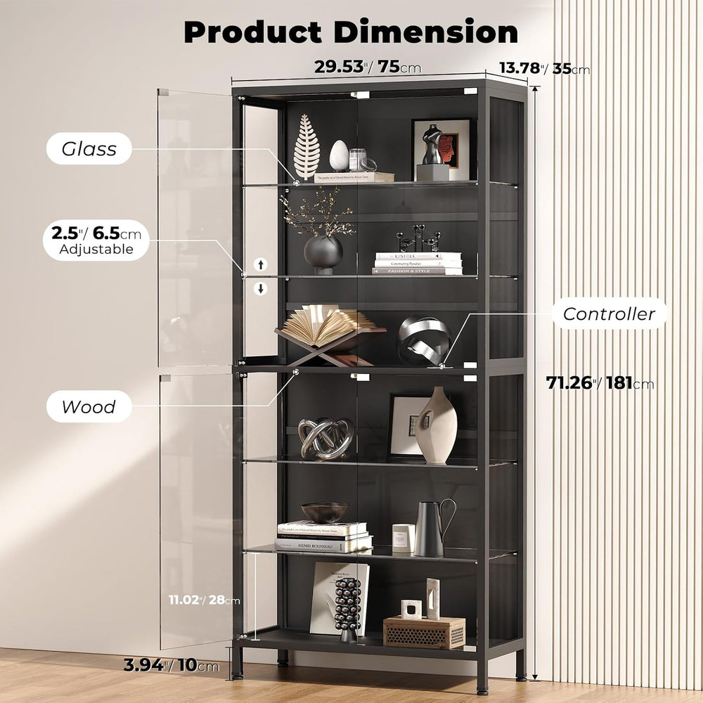 71.2" 6-Tier Display Cabinet with Glass Doors for Collectibles, Black