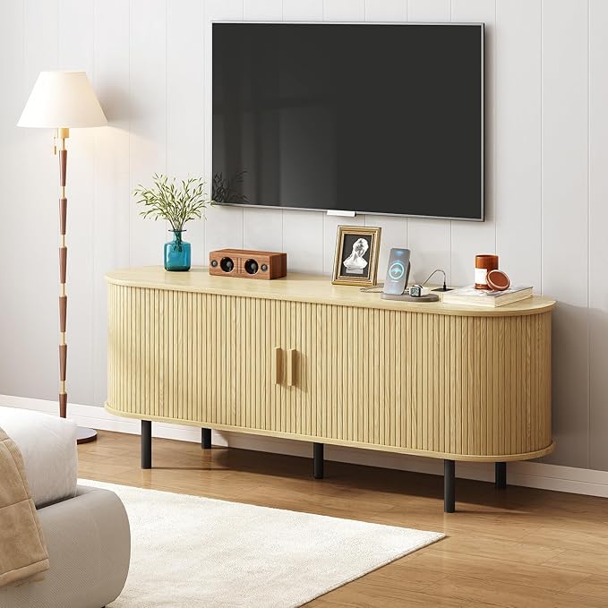 ONBRILL 55" TV Stand with Power Outlet for TVs up to 60 Inch, Entertainment Center with Storage and Adjustable Shelves, Modern Media Console with Sliding Doors for Living Room, Oak
