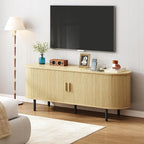 ONBRILL 63" TV Stand with Power Outlet for TVs up to 70 Inch, Entertainment Center with Storage and Adjustable Shelves, Modern Media Console with Sliding Doors for Living Room, Oak