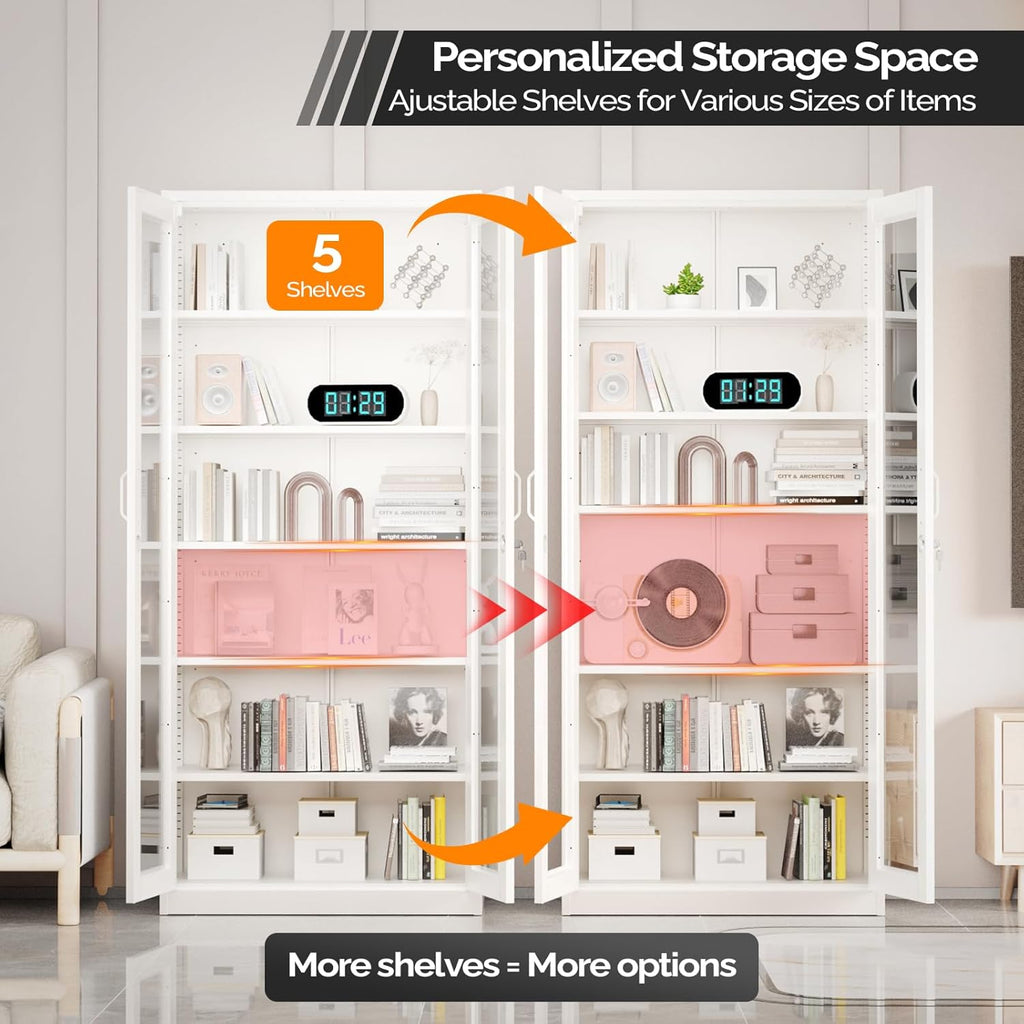 VINGLI Lockable Display Cabinet with Glass Doors & 5 Adjustable Shelves, 71" Tall White Metal Storage Cabinet Curio Liquor, Bookshelf Bookcase for Home Office Living Room Pantry Garage