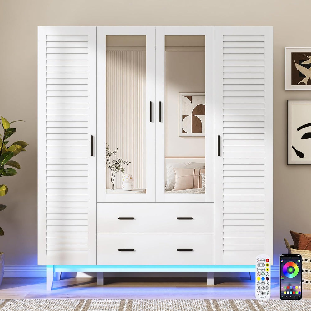 jiteentarou 4 Door Armoire Wardrobe Closet Cabinet with Drawers and LED Light...