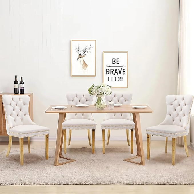 Velvet Upholstered Dining Chairs Set of 4, Modern Style Kitchen Side Chairs with Nailhead Trim and Gold Plated Leg, Metal Pulling Ring for Dining Room Living Room(Beige-Gold Plated Leg)
