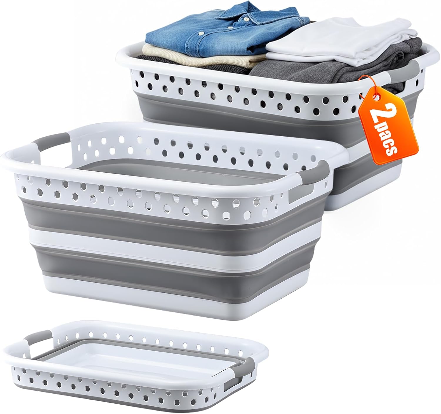 Monozuki Collapsible Plastic Laundry Basket 11.1 gallon(42L) 2pcs Eco-recycled material - Foldable Pop Up Storage Container/Organizer - Space Saving Hamper/Basket BPA Free