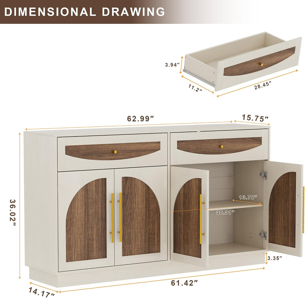 63'' Arched Door Sideboard Buffet Cabinet with Drawers, White and Nat...