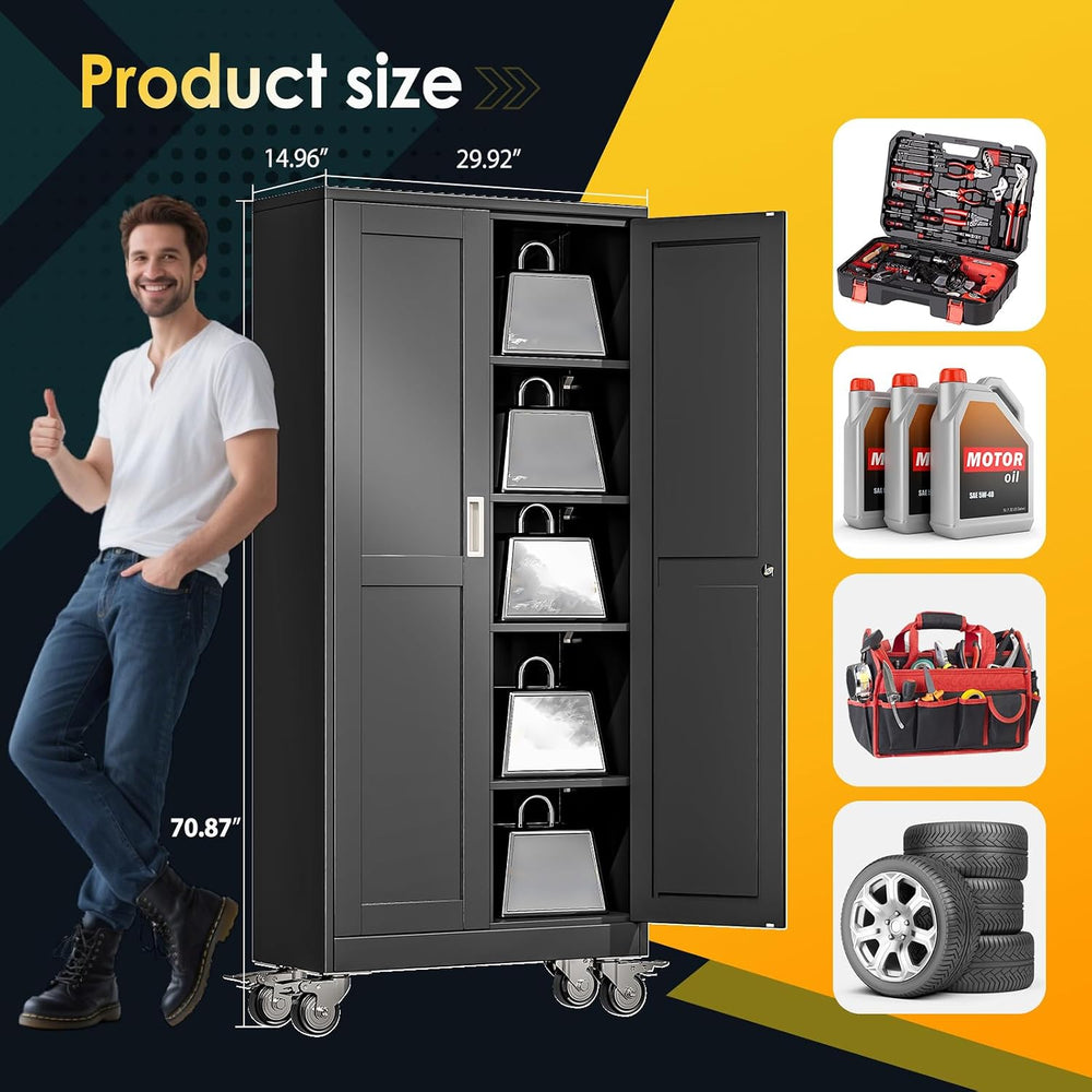 PAOFIN 71''H Tall Metal Garage Storage Cabinet with Wheels,Steel File...