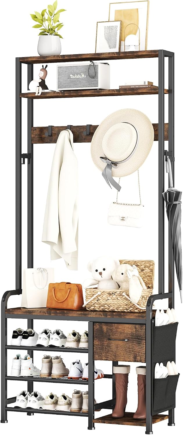 Homeiju Hall Tree with Bench and Shoe Storage, 3-in-1 Entryway Organizer with 6+2 Hooks, Coat Rack with Adjustable Feet for Stability, Mudroom Furniture with Storage Shelf