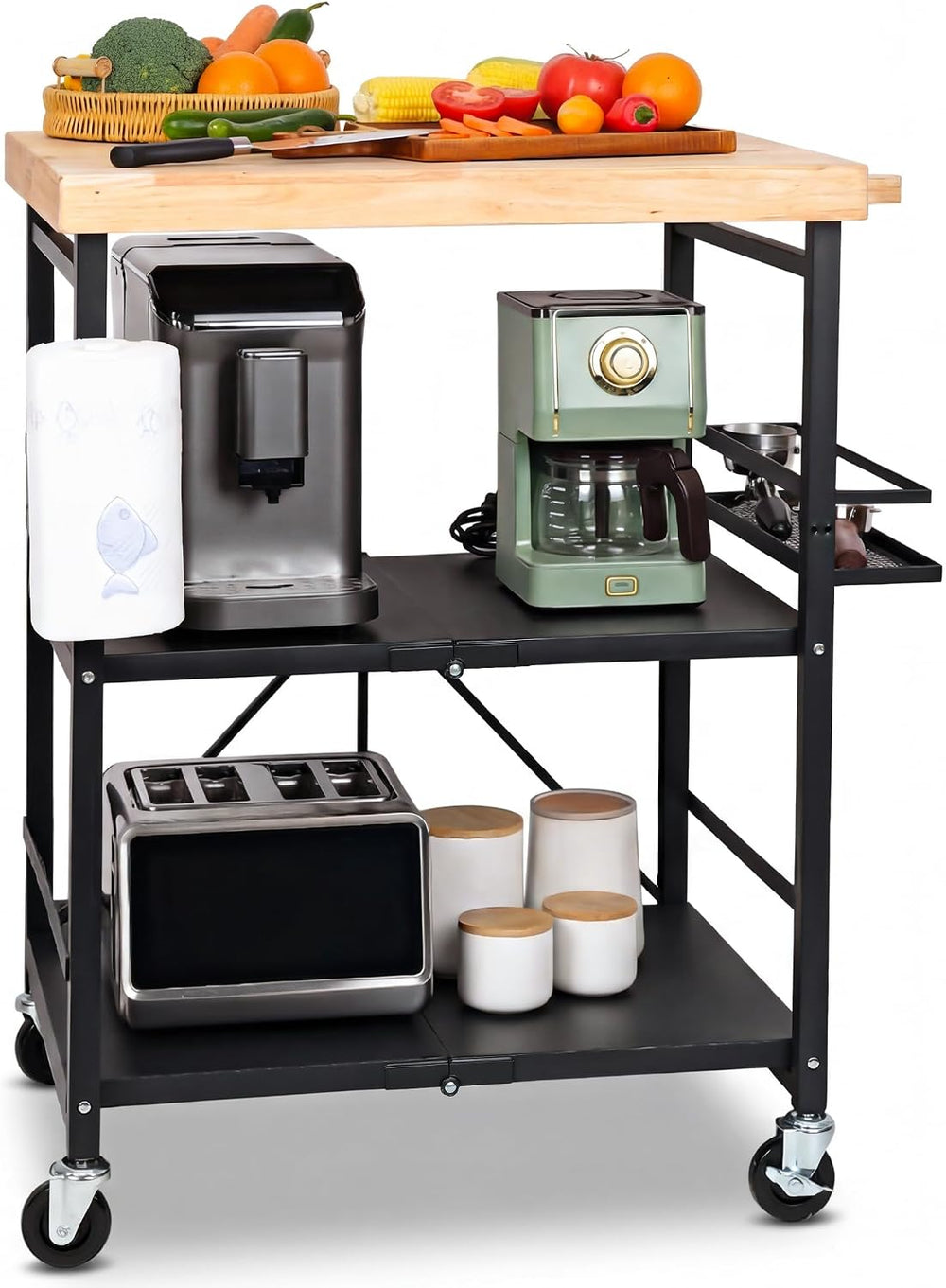 PLKOW Foldable Kitchen Cart with Solild Oak Wood Top, Rolling Kitchen Island ...