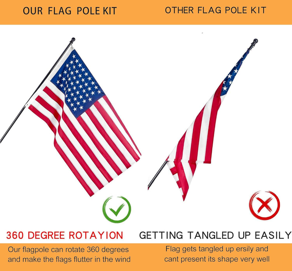 American Flag Pole Kit for House, 6FT Black Metal Pole with 3x5FT US Flag