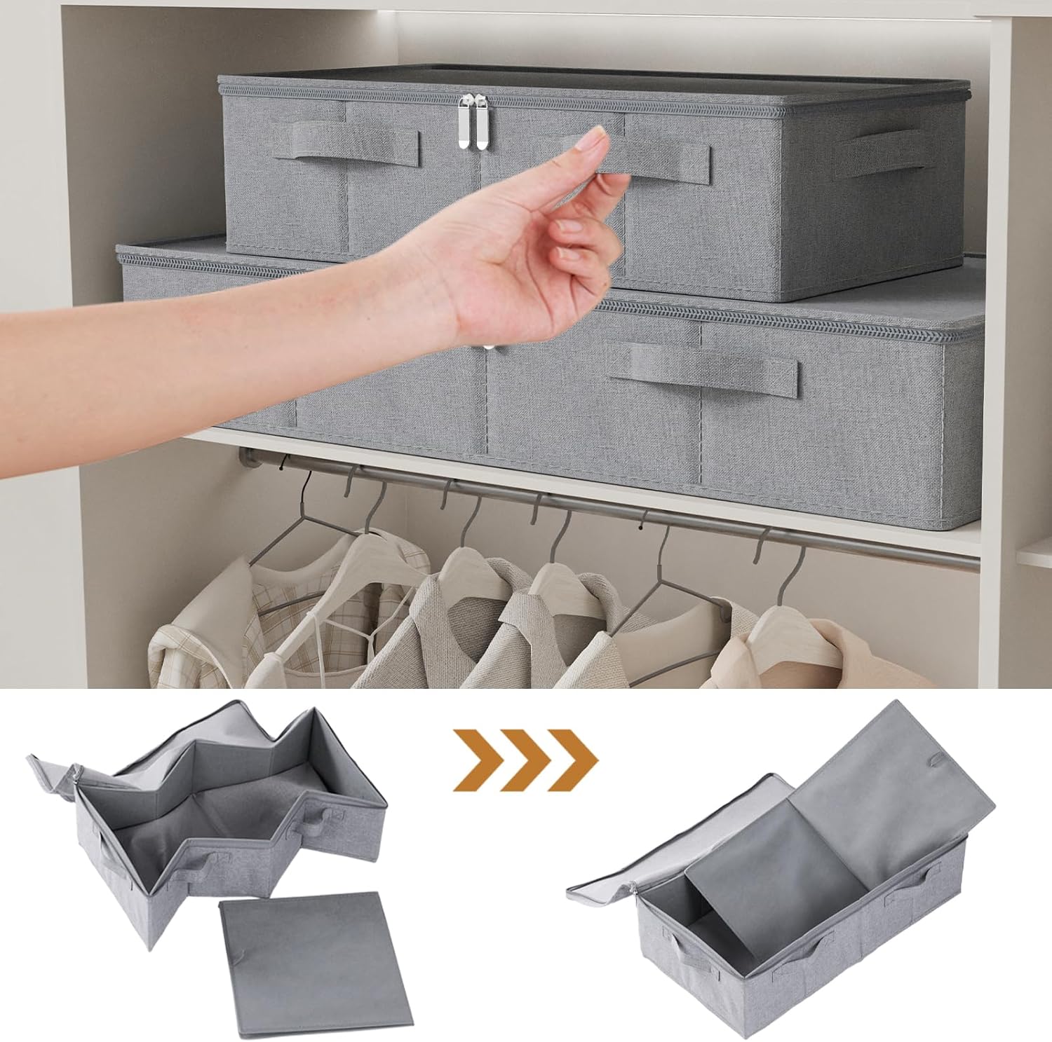 Underbed Storage Box, Foldable Under Bed Bins Container, Organizer Baskets with Lid for Organizing Clothes, Sheets, Pillows, Comforter, 31.4x15.7x5.9in, Grey, 3 Pack