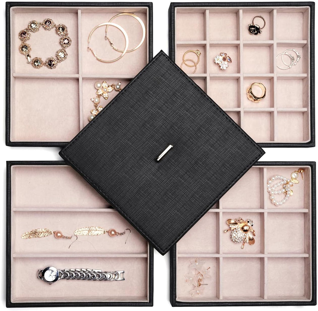 BEWISHOME Jewelry Organizer Tray Stackable Earring Storage Trays with Lid for Dresser and Drawer 32 Slots for Rings, Earrings, Necklaces, Bracelets and Watches Set of 4 Black SSH81B