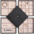 BEWISHOME Jewelry Organizer Tray Stackable Earring Storage Trays with Lid for Dresser and Drawer 32 Slots for Rings, Earrings, Necklaces, Bracelets and Watches Set of 4 Black SSH81B