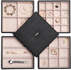 BEWISHOME Jewelry Organizer Tray Stackable Earring Storage Trays with Lid for Dresser and Drawer 32 Slots for Rings, Earrings, Necklaces, Bracelets and Watches Set of 4 Black SSH81B