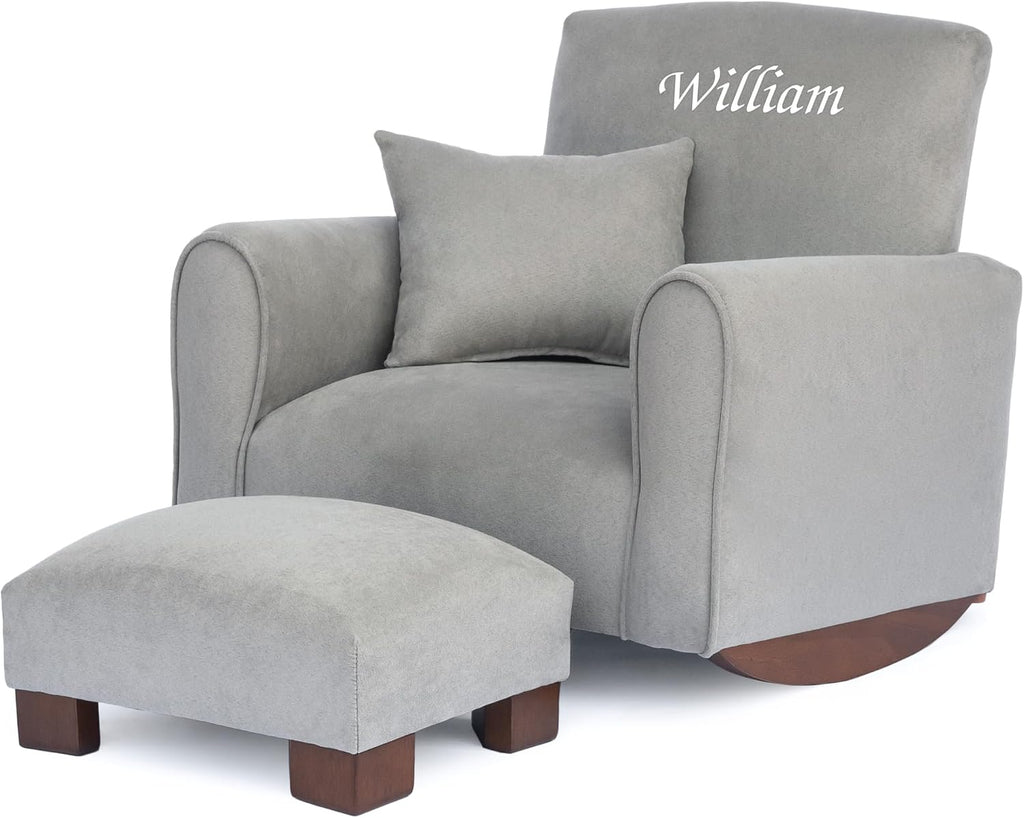 Toddler Personalized Armchair, Kids Upholstered Rocking Chair with Personalization, Toddler Chair with Personalized Name, Comfy Child Armchair, (Grey Suede, Rockers)