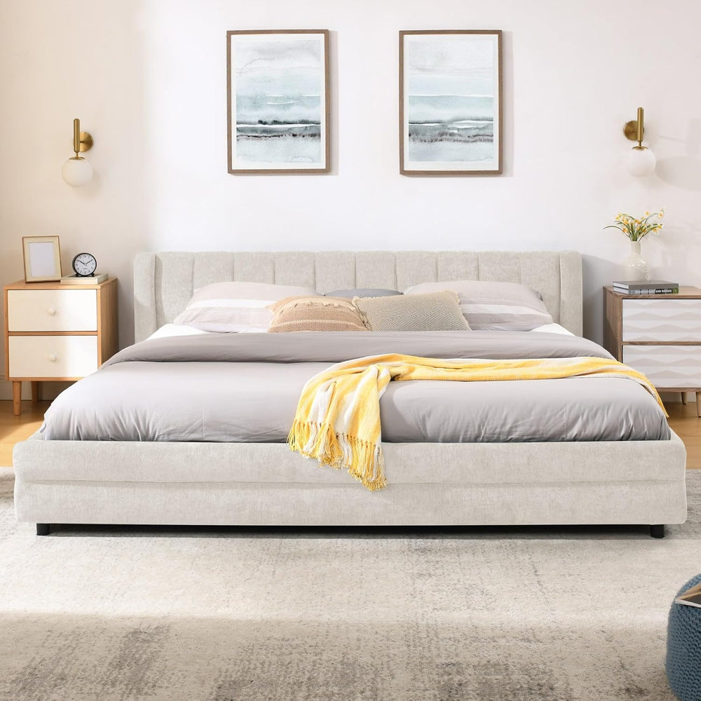 KEIKI Thick Chenille King Bed Frame with 4 Storage Drawer & Upholstered T...