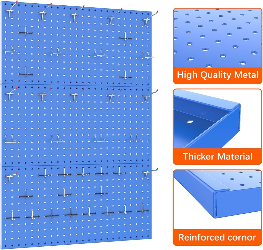 TORACK 3 PCS Metal Pegboard Panels(12x24 inch) for Wall Garage Utility Tools Storage Pegboard for Workbench, Modular Peg Board Tool Organizer Board Kit(Pack of 3, Blue)