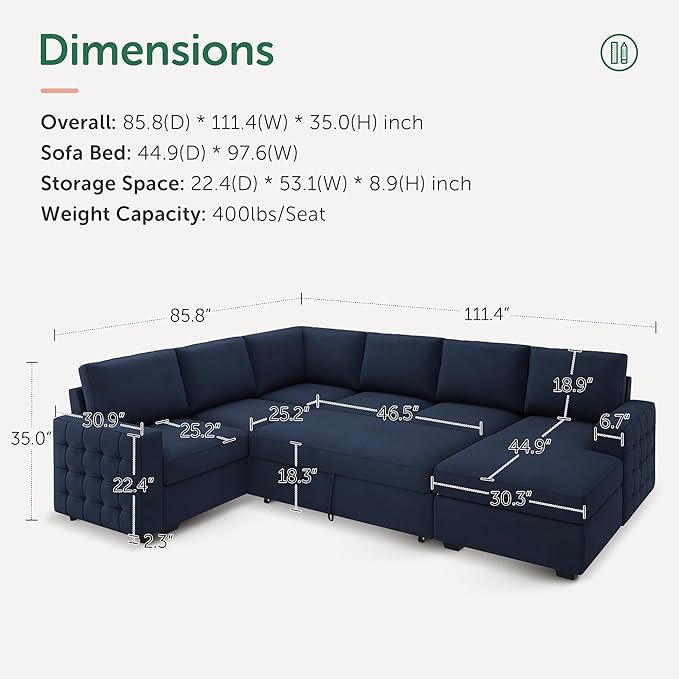 HONBAY Sleeper Sectional Couch with Pull-Out Bed Sectional Sleeper Sofa Pull Out Bed with Storage Chaise, 6 Seaters Couch for Living Room, Velvet Blue