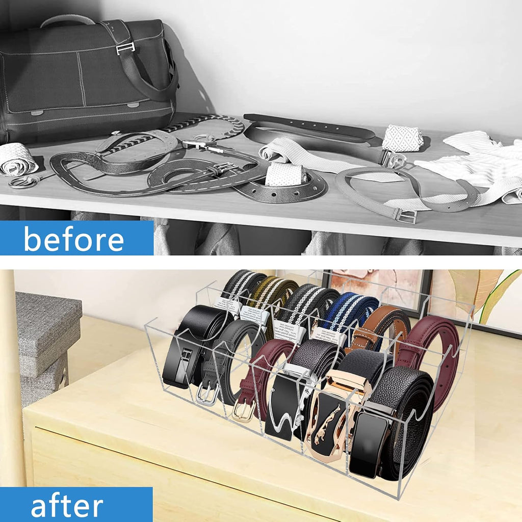 Belt Organizer, Acrylic 12 Compartments Belt Container Storage Holder, Acrylic Belt Display Storage Box, Clear Belt Display Case for Closet Tie and Bow Watch Jewelry Bracelets Ring Cosmetic…