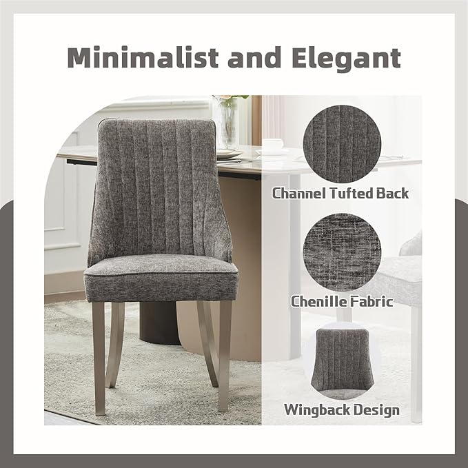 Dining Chairs Set of 6，Modern Channel Tufted Upholstered Dining Chairs with Silver Stainless Steel Legs, Comfortable Chenille Fabric Kitchen Chairs for Dining Room (Grey, 6pc)
