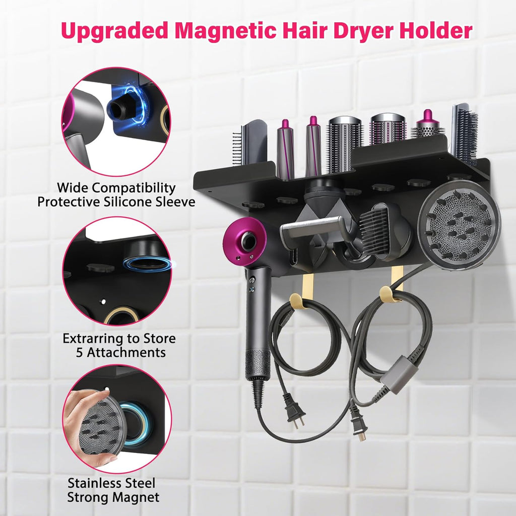 Wall Mount Hair Holder Compatible With Dyson Airwrap and Hair Dryer, Upgraded 2-in-1 Magnetic Dryer Holder Fit for Accessories Nozzles Barrels Brushes