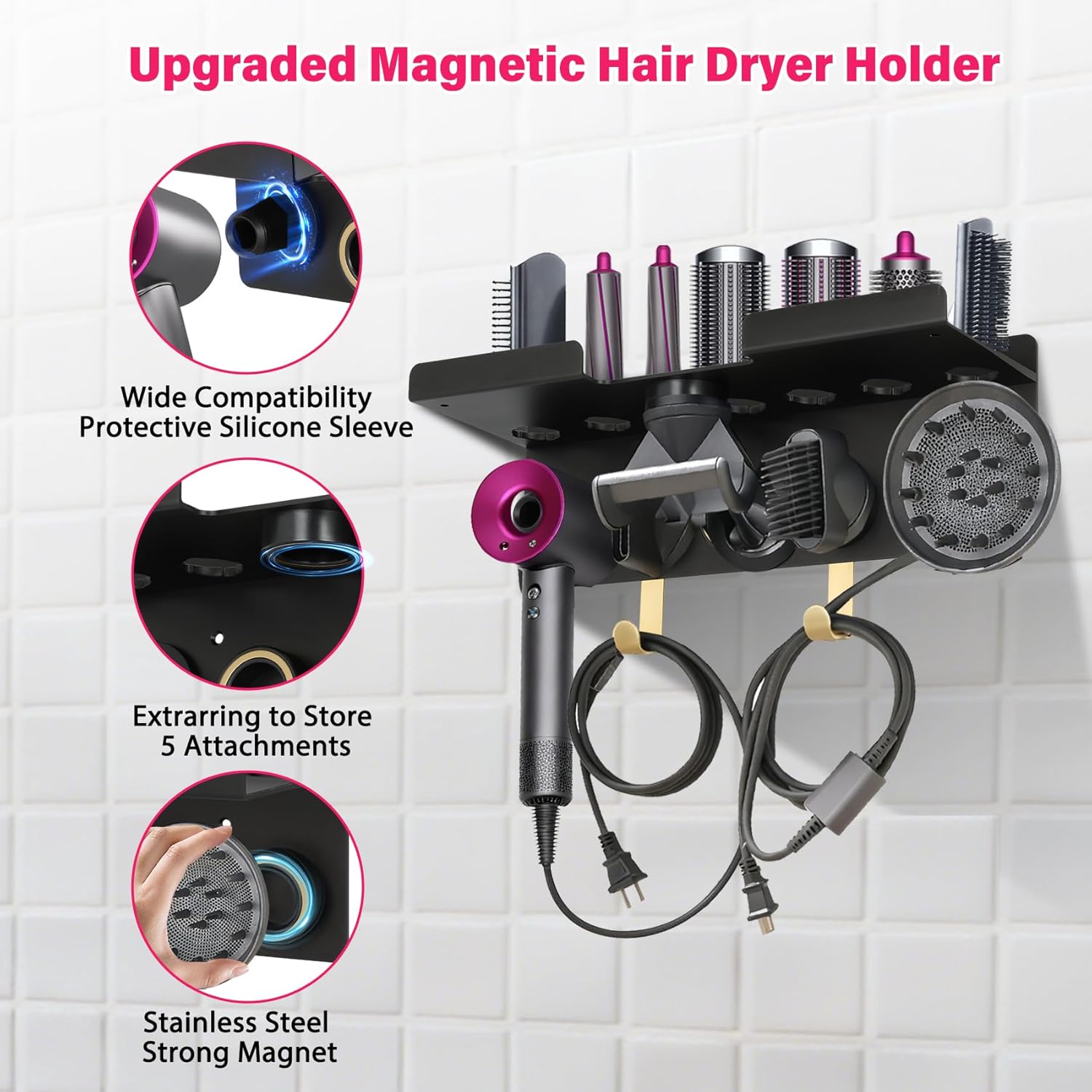 Wall Mount Hair Holder Compatible With Dyson Airwrap and Hair Dryer, Upgraded 2-in-1 Magnetic Dryer Holder Fit for Accessories Nozzles Barrels Brushes