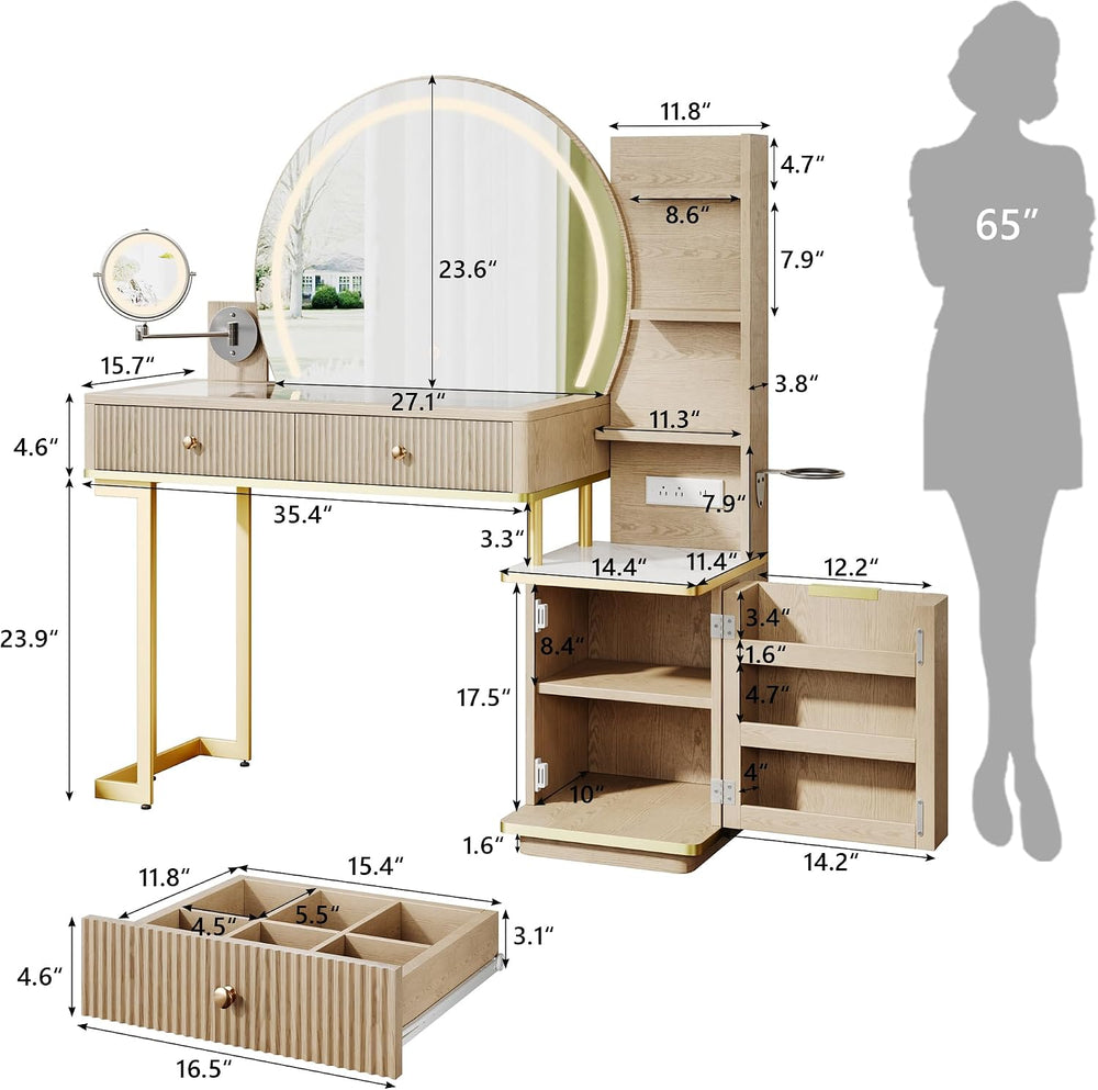 Einhomn Vanity Desk w/5x Magnifying Mirror, Fluted Makeup Vanity w/Mirror and...