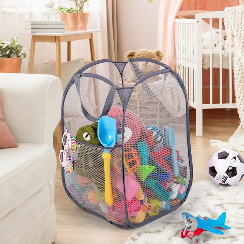 BATTOO Deluxe Strong Mesh Pop up Laundry Hamper Basket with Side Pocket for Laundry Room, Bathroom, Kids Room, College Dorm or Travel 2 x Grey