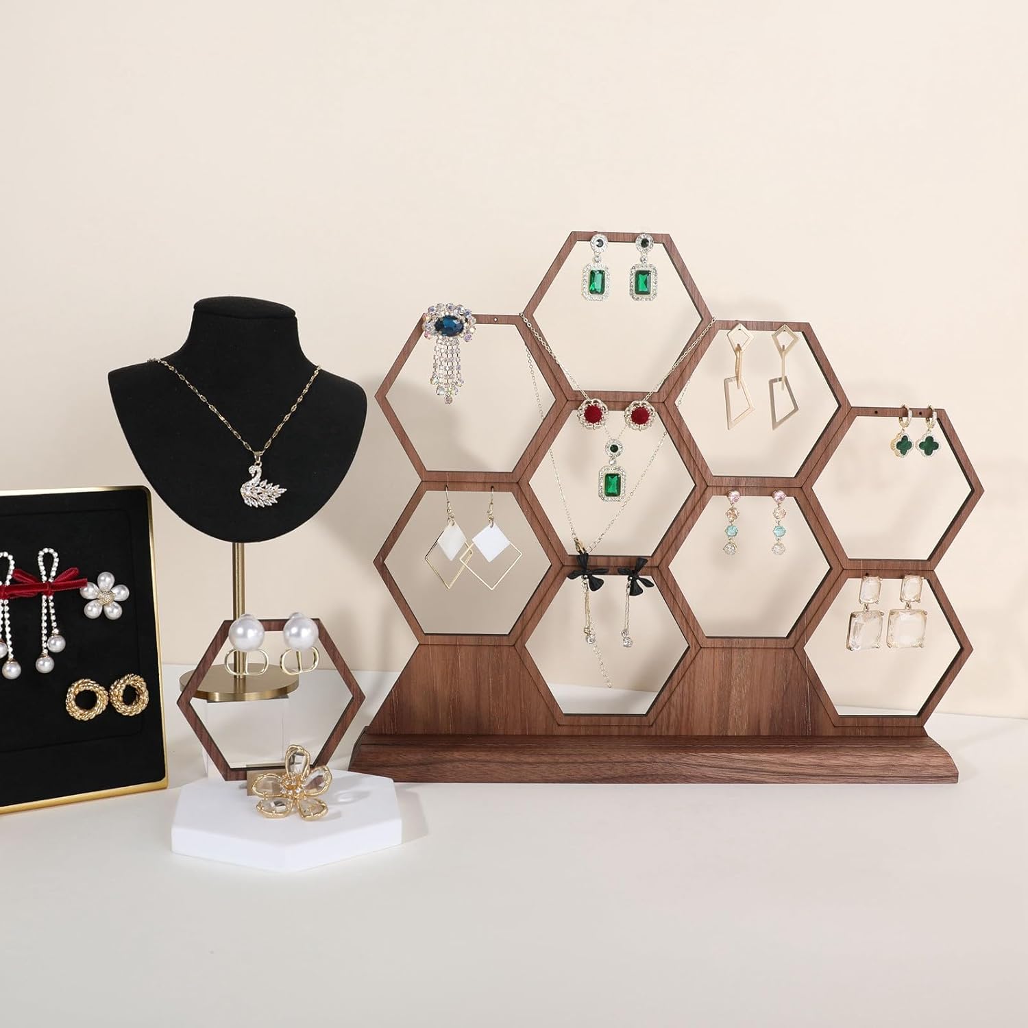 GemeShou hexagonal jewelry earring display stands for selling, wooden necklace jewelry organizer hanging, walnut earring hanger dangle holder for show, home decor【Jewelry shelf-Hexagon】