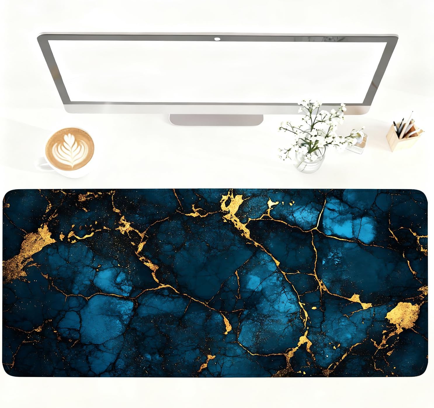 Blue Marble Gold Vein Mouse Pad – Large Extended Desk Mat 35.43 x 15.75 in – Elegant Navy Ink Texture with Metallic Cracks, Keyboard & Mouse Pad for Office & Gaming