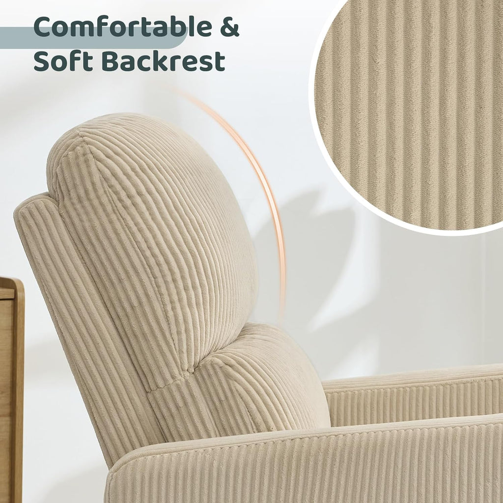 Swivel Rocker Recliner, Oversized Manual Nursery Glider Rocking Recliner Chair with Removable Cushion, Upholstered Corduroy Swivel Reclining Chair for Nursery Living Room Bedroom, Camel