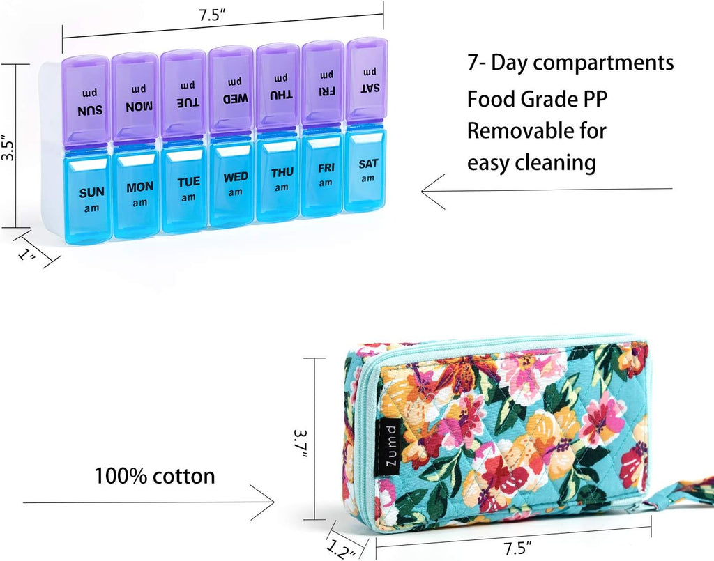 Weekly Pill Organizer 2 Times a Day, Zumd Pill Box 7 Day with Cute Quilted Fabric Zipper Case, Travel Pill Case Am Pm for Vitamin Medicine Organizer