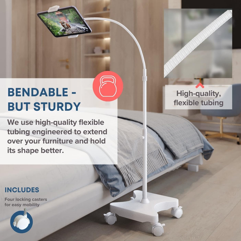LEVO Gooseneck Tablet Floor Stand with Casters – Rolling Adjustable iPad Mount with Wheels, Height Tilt Rotation, Locking Mobile Base for Bedside, Couch, Chair, Hospital, Office, and Home – White