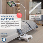 LEVO Gooseneck Tablet Floor Stand with Casters – Rolling Adjustable iPad Mount with Wheels, Height Tilt Rotation, Locking Mobile Base for Bedside, Couch, Chair, Hospital, Office, and Home – White