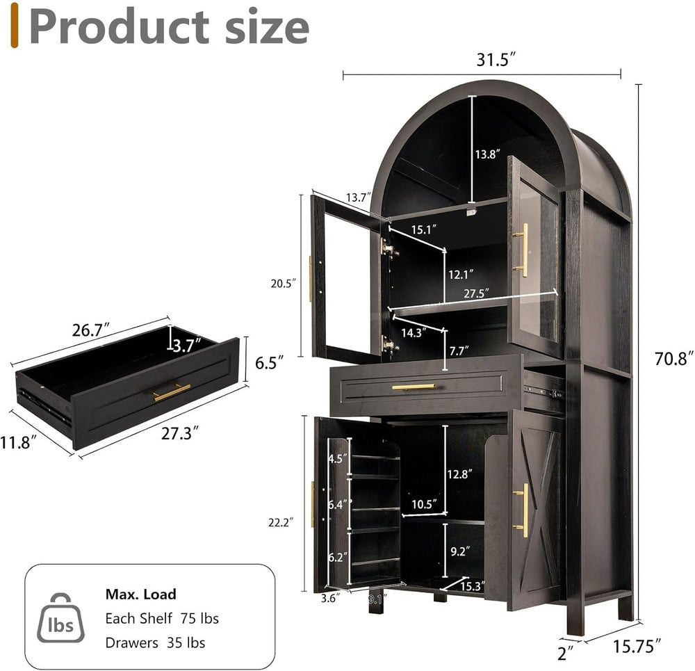 71" Kitchen Pantry Cabinet with Glass Doors and Barn Door, Farmhouse Sto...