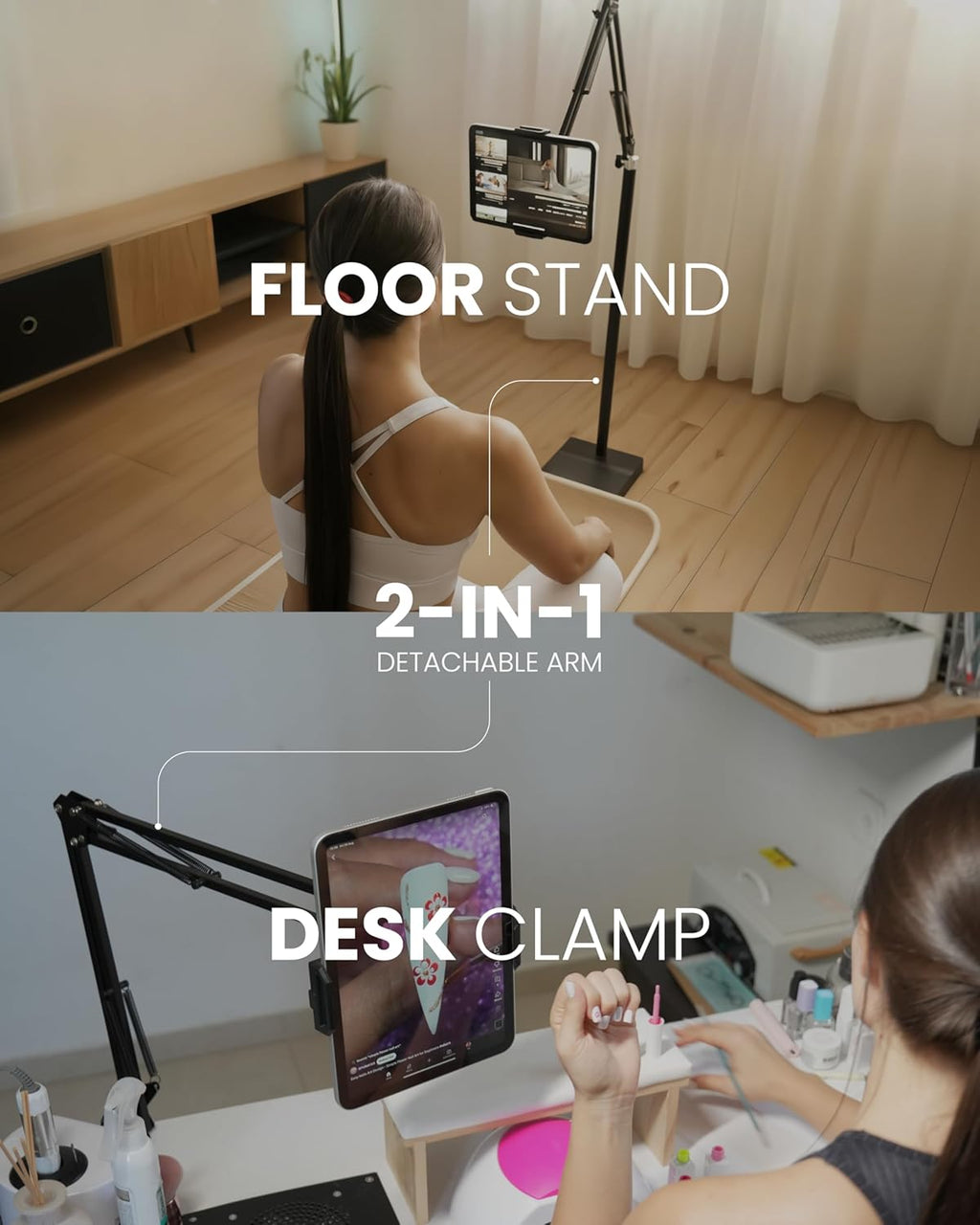2-in-1 Tablet Floor Stand with tablet stand for desk – Stable 8lb Base with Stretchable Arm for Bed, Couch, or Desk Compatible with iPads, Galaxy Tabs, Surface Pro, Phones & E-Readers (4.7"–12.9")
