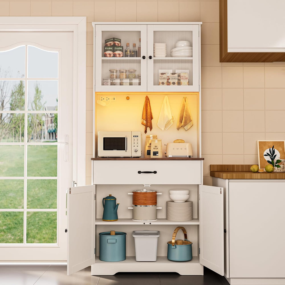 Gizoon 71" H Pantry Cabinet with Strip Light, Drawers | Coffee Bar with ...
