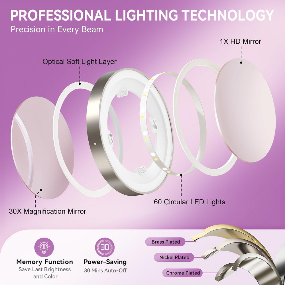 Auxmir 9" 1X/30X Lighted Makeup Mirror, Rechargeable Maginfying Mirror