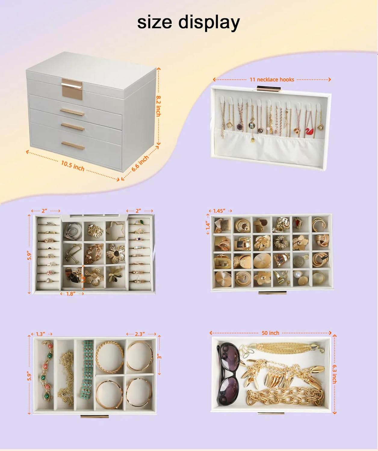 BOOVO Jewelry Boxes for Women, 5 Layer Jewelry Organizer with Necklace Hanger and Drawers, Large Jewelry Box for Earrings, Necklace and Bracelet Storage Gifts for Women and Girls (White, 5 Layer)