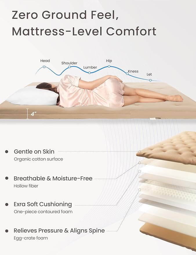 ZonLi Japanese Floor Futon Mattress Queen Size 60"x 80",100% Cotton Cover 4'' Thicken Tatami Mattress,Foldable Sleeping Pad,Portable Dormitory Tatami Mat,Roll Up Floor Lounger Bed for Adult (Khaki)
